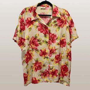 Vintage Hawaiian Tropical Short Sleeve Pink Floral Button Down Blouse Shirt XL